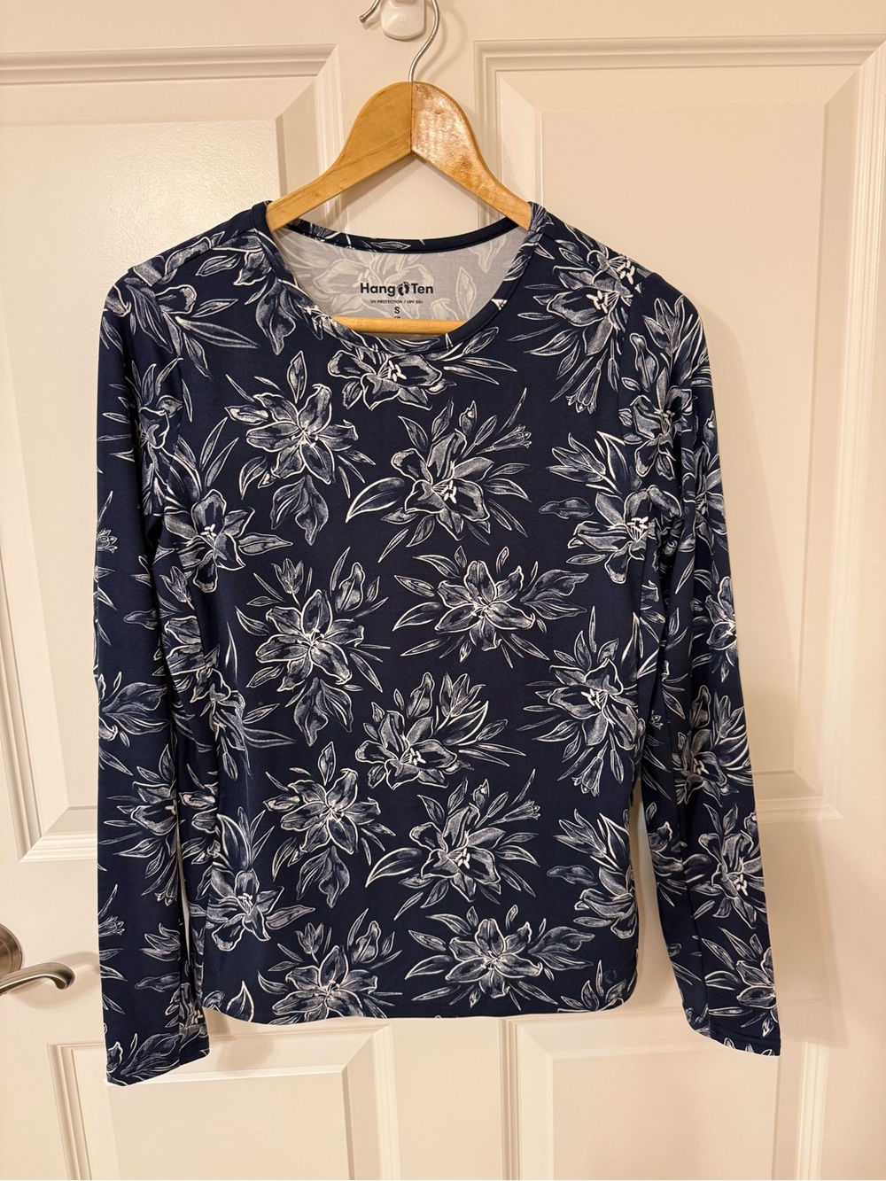 Hang Ten Solara Women’s Sun Shirt Navy White Floral UPF 50+ EUC Retro Soft Small